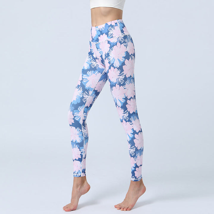 Buddha-Steine, Blumen, Blätter-Druck, Sport, Fitness, Yoga, hohe Taille, Leggings für Damen