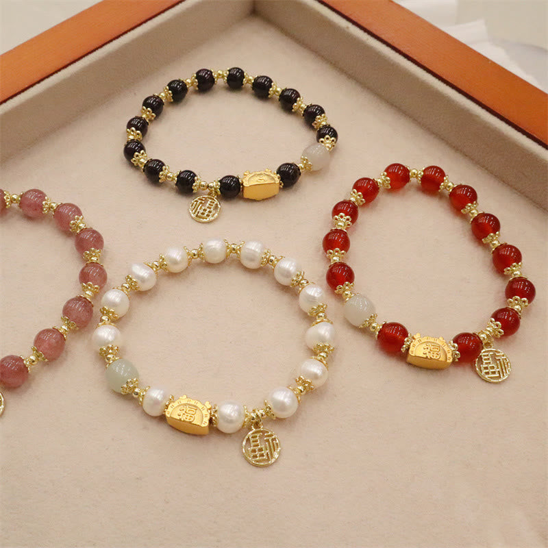Buddha Stones, Jahr des Drachen, roter Achat, Erdbeerquarz, schwarzer Obsidian, Jade, Granat, Perle, Zinnober, Knödel, Drache, Glück, Fu, Charakter-Armband - image 39
