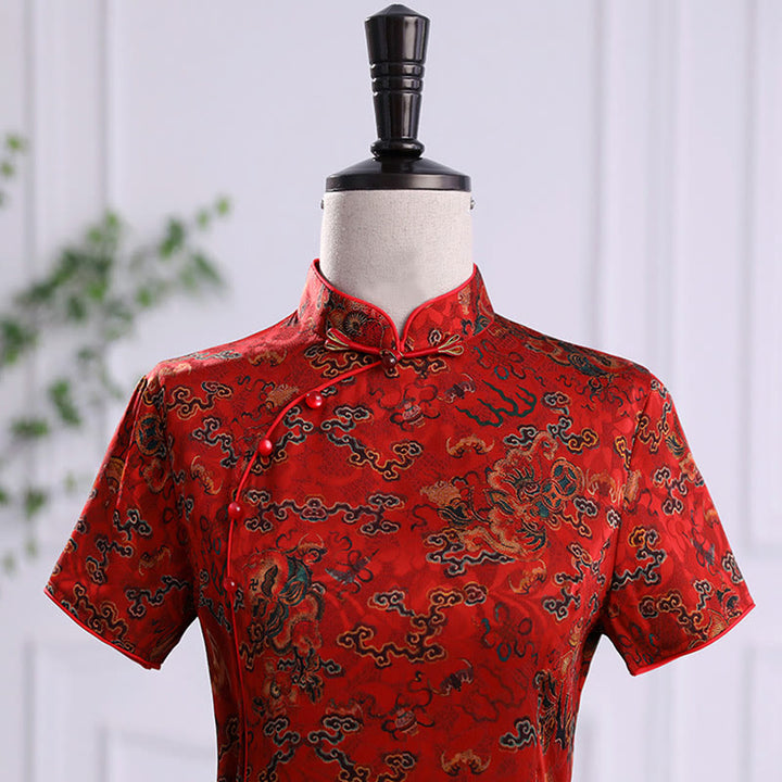 Buddha Stones Vintage Auspicious Clouds Leaf Print Cheongsam Kleid Damen Qipao Kleid