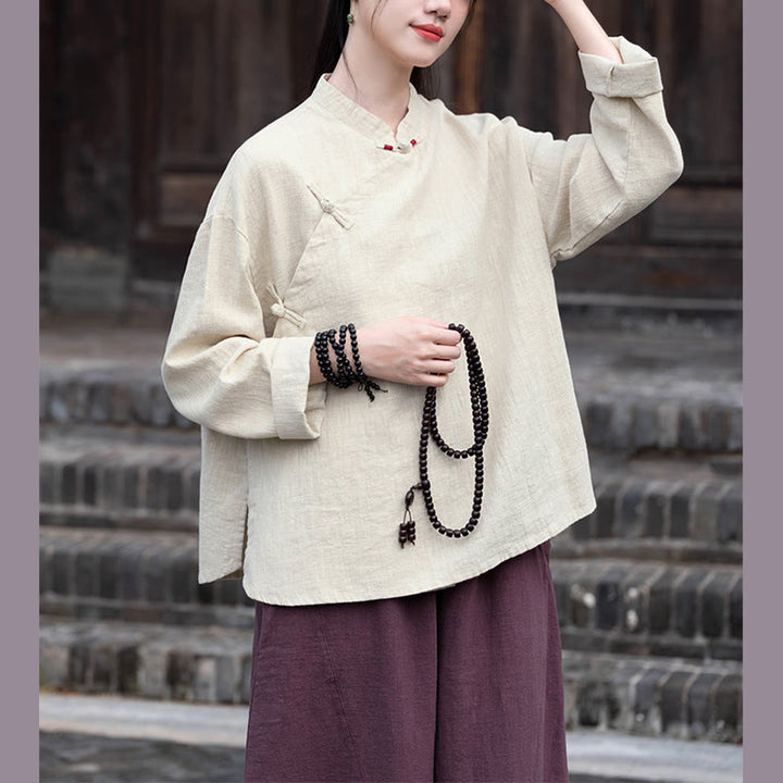 Buddha Stones Chinesische Hanfu Frosch-Knopf-Bluse Damen Langarmshirt Top