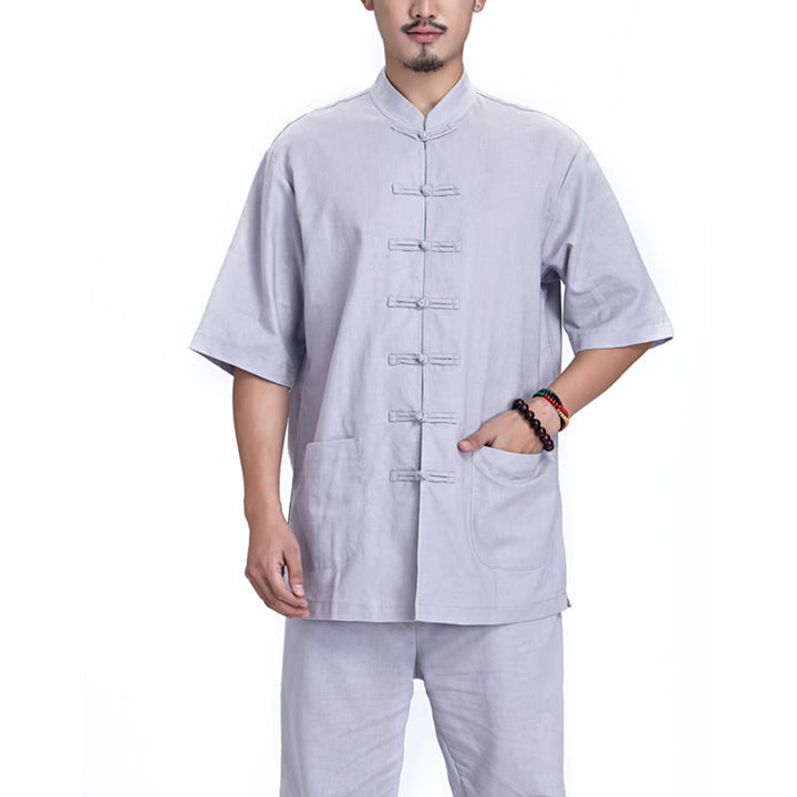Buddha Stones, chinesischer Frosch, Knopf-Design, Meditation, Gebet, Baumwolle, Leinen, spirituell, Zen, Praxis, Yoga, Kleidung, Herren-Set - Grau (Kurzarm) - US/ UK/AU44，EU54 (3XL) - image 20