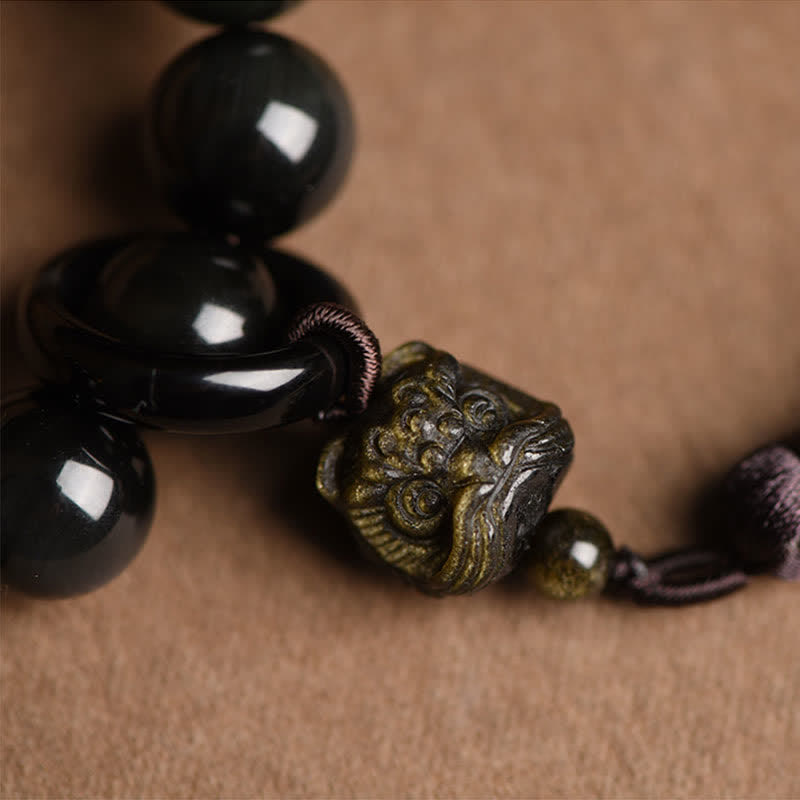 Buddha Stones, natürlicher schwarzer Obsidian, Löwe, Handgelenk-Mala, Schutzquasten, Taschen-Mala, Auto-Dekoration