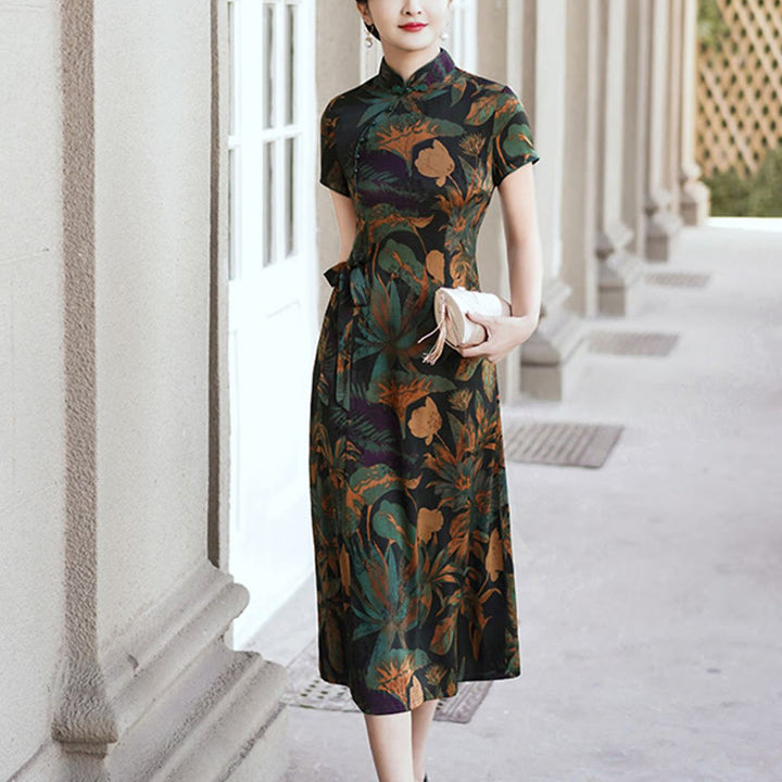 Buddha Stones Seide Qipao Kleid Retro Blumen Blatt Muster Damen Cheongsam Kleid - image 15