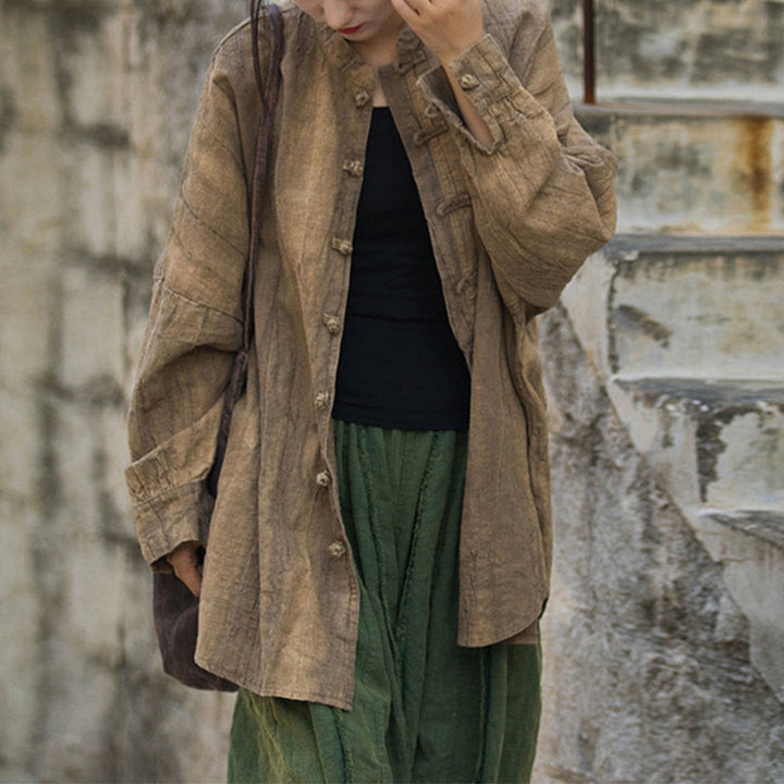 Buddha Stones Batik-Jacke mit Froschknöpfen, langärmelig, Zen-Meditation, offene Vorderseite