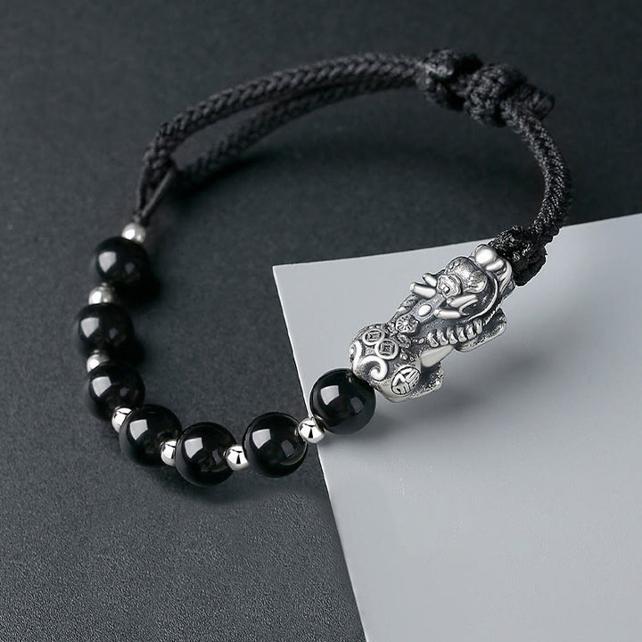 Buddha Stones 999 Sterling Silber FengShui PiXiu Natürlicher schwarzer Obsidian 925 Sterling Silber Bead Strength Armband