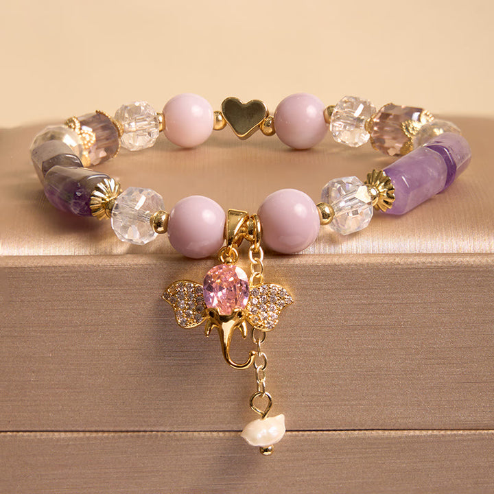 Buddha Stones Amethyst Grüner Aventurin Erdbeerquarz Positives Elefanten-Charm-Armband