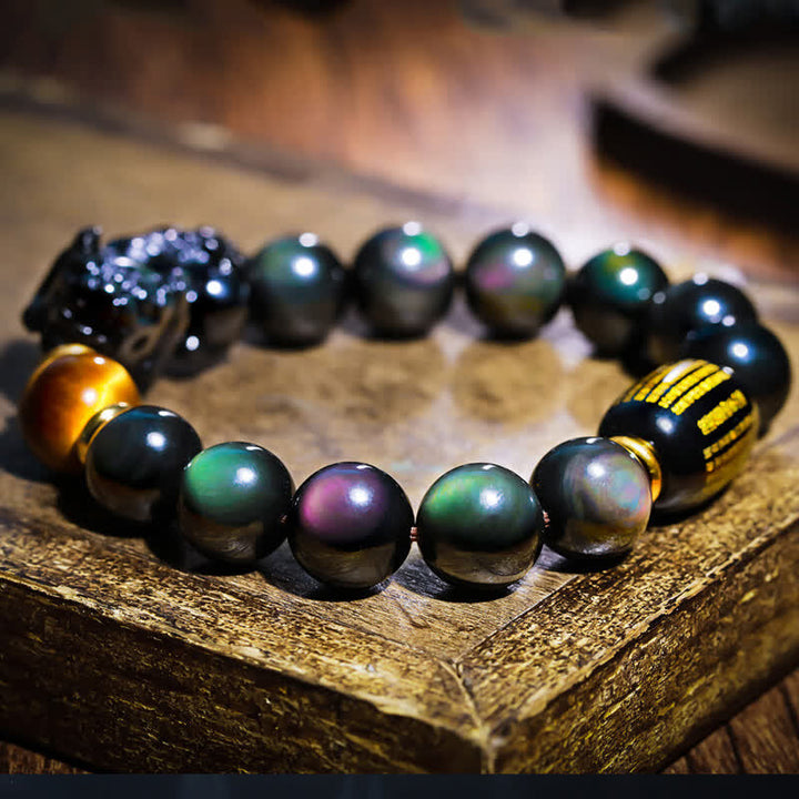 Buddha Stones FengShui PiXiu Regenbogen Obsidian Schwarzer Onyx Tigerauge Positives Armband