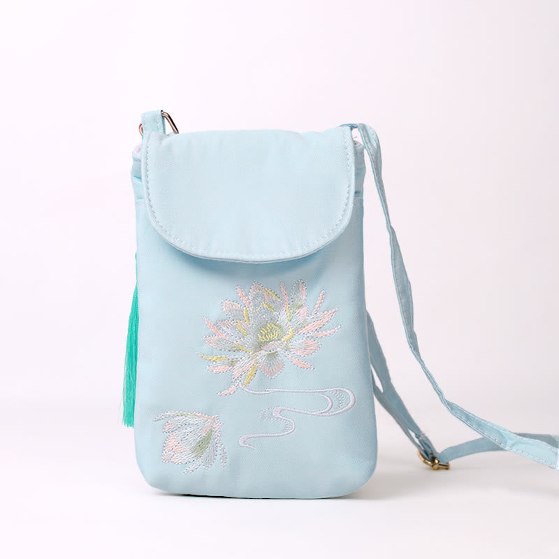 Buddha Stones Kleine Tasche mit gestickten Blumen, Crossbody-Tasche, Schultertasche, zweilagige Handytasche