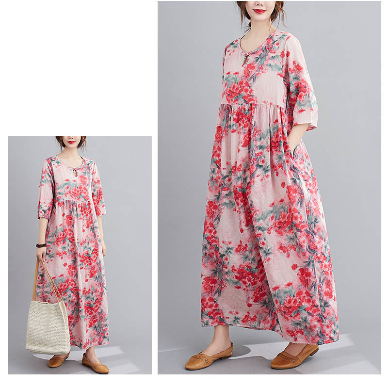 Midikleid mit Buddha-Steinen und Blumen-Print, Tunikakleid aus Baumwolle und Leinen mit Taschen