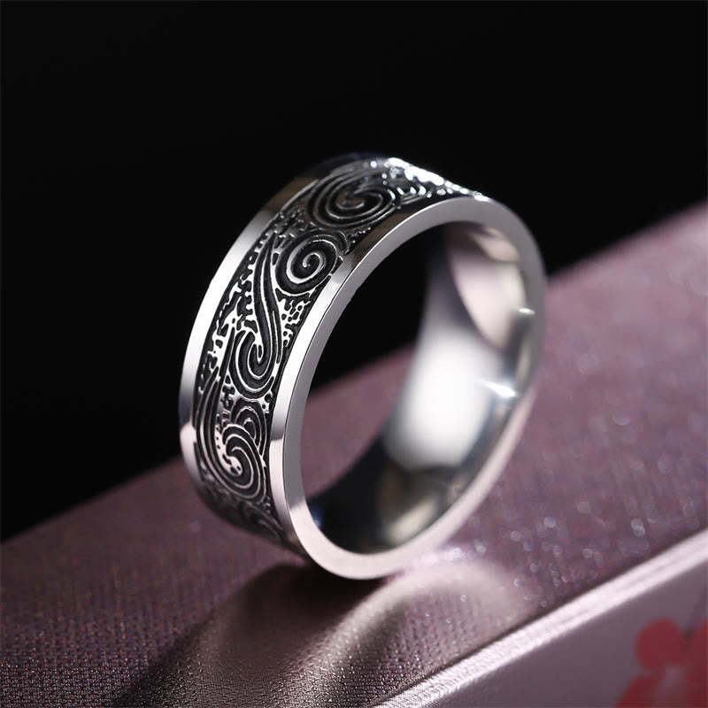 Buddha Stones Vintage Wave Glückverheißende Wolken Gravurmuster Titanstahl Balance Ring - image 2