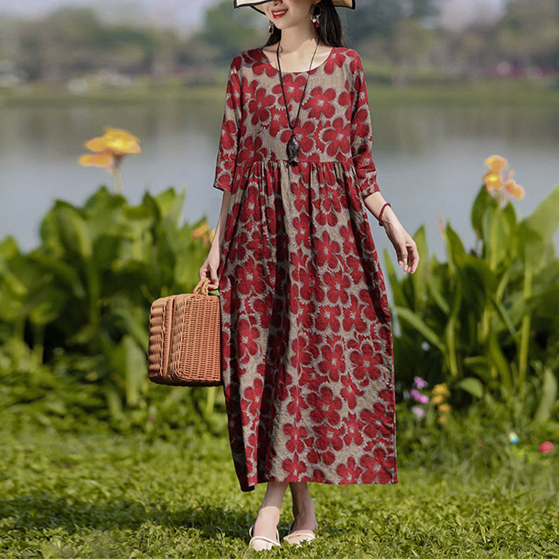 Midikleid mit Buddha-Steinen und Blumen-Print, Tunikakleid aus Baumwolle und Leinen mit Taschen