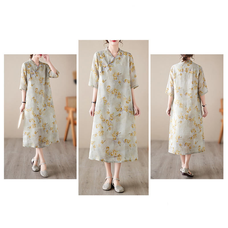 Buddha Stones – Cheongsam-Midikleid mit gelbem Blumen-Print, Baumwollleinen, Halbarmkleid mit Taschen