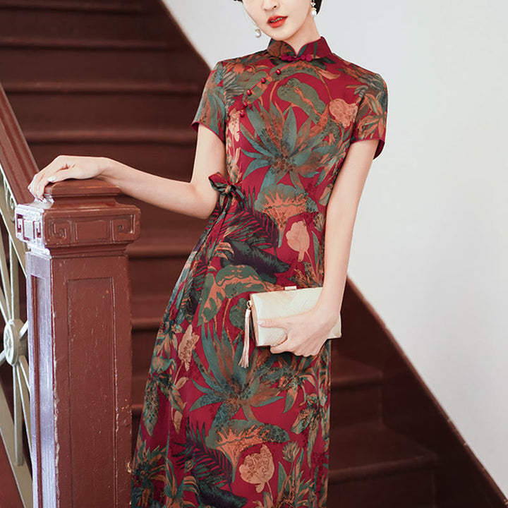 Buddha Stones Seide Qipao Kleid Retro Blumen Blatt Muster Damen Cheongsam Kleid