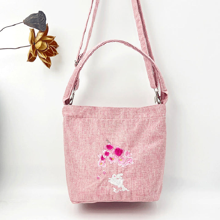 Buddha Stones Stickerei Wisteria Pflaume Lotus Kirschblüte Baumwolle Leinen Canvas Tote Umhängetasche Schultertasche Handtasche