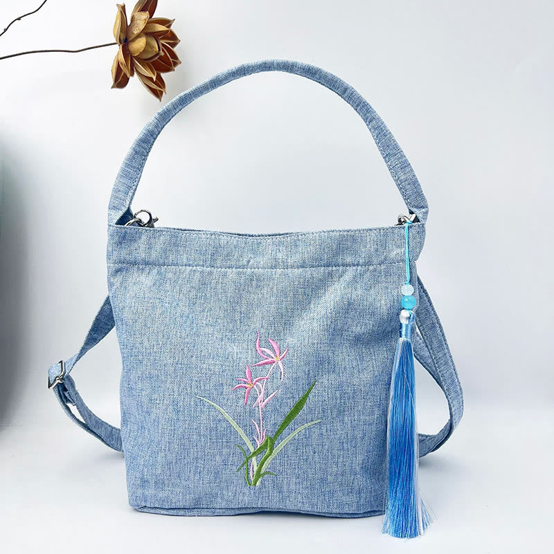 Buddha Stones Stickerei Wisteria Pflaume Lotus Kirschblüte Baumwolle Leinen Canvas Tote Umhängetasche Schultertasche Handtasche