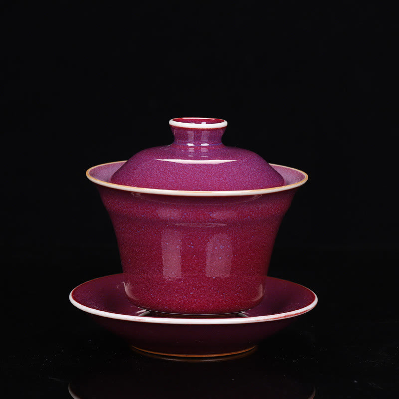 Buddha Stones Retro Glasur Ofenwechsel Keramik Gaiwan Sancai Teetasse Kung Fu Teetasse und Untertasse mit Deckel - Roter Stil (Farbe und Glasur können variieren) - 9,8 cm × 9 cm × 150 ml - image 7