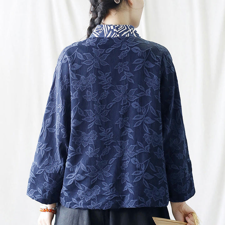 Buddha Stones Flower Jacquard-Jacke mit V-Ausschnitt und langen Ärmeln