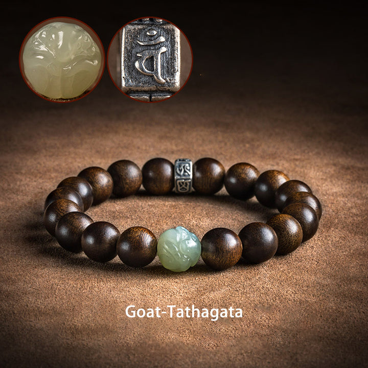 Armband mit Buddha Stonesn, chinesischem Sternzeichen, Natal-Buddha, Kalimantan-Adlerholz-Jade, 925er-Sterlingsilber