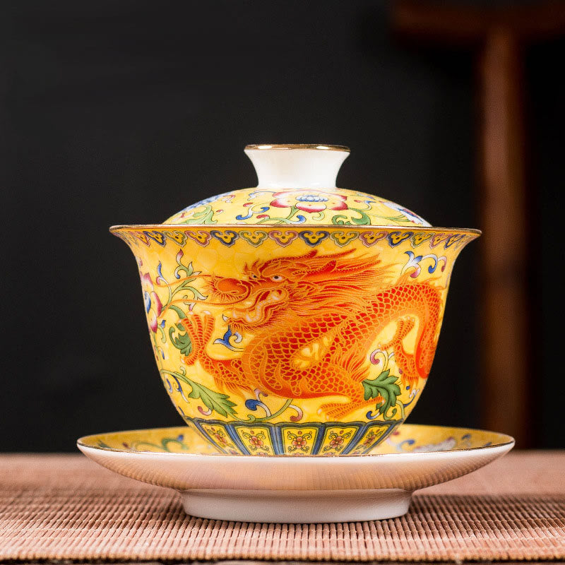 Buddha Stones Dragon Phoenix Flower Design Keramik Gaiwan Sancai Teetasse Kung Fu Teetasse und Untertasse mit Deckel - Gelb - Dragon 9,5 cm * 9,3 cm * 160 ml - image 6