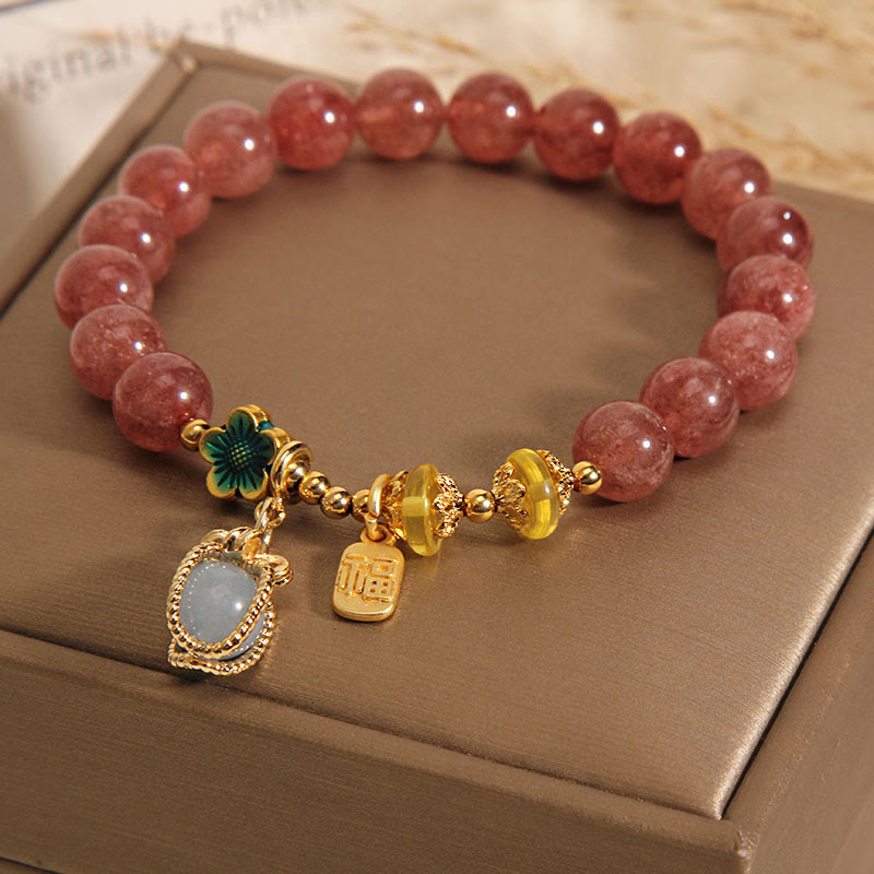 Buddha Stones Natürliches Erdbeerquarz Kristall Aquamarin Fortune Brand Love Armband