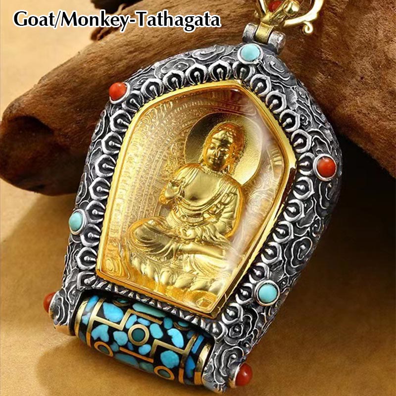 Tibet Chinesisches Sternzeichen Natal Buddha Thangka Wohlstand Drehbarer Dzi-Perlen-Halskettenanhänger - Ziege/Affe-Tathagata - image 9