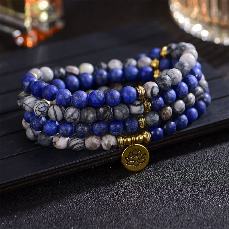 Buddha Stones, Lapislazuli, Picasso-Jaspis, Amazonit, Rhodonit, Apatit, Lotus-Gebetsperlen-Armband - Lapislazuli und Picasso-Jaspis - image 0