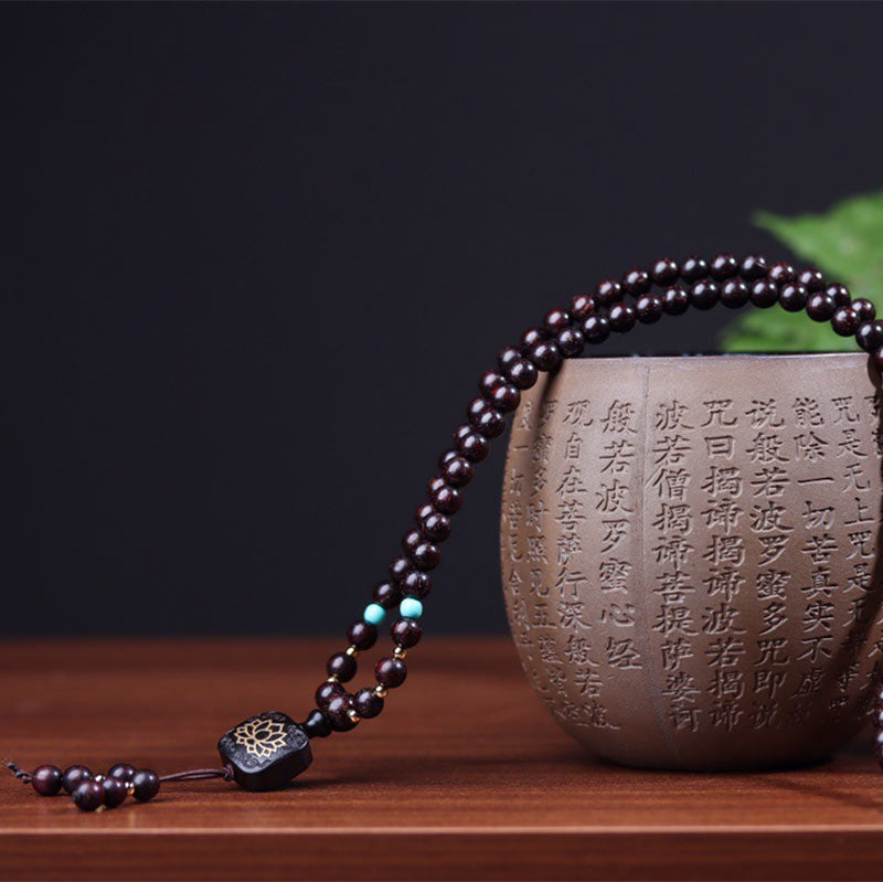 Buddha Stones 108 Mala-Perlen, tibetisches kleines Blatt, rotes Sandelholz, Lotus-Balance-Armband