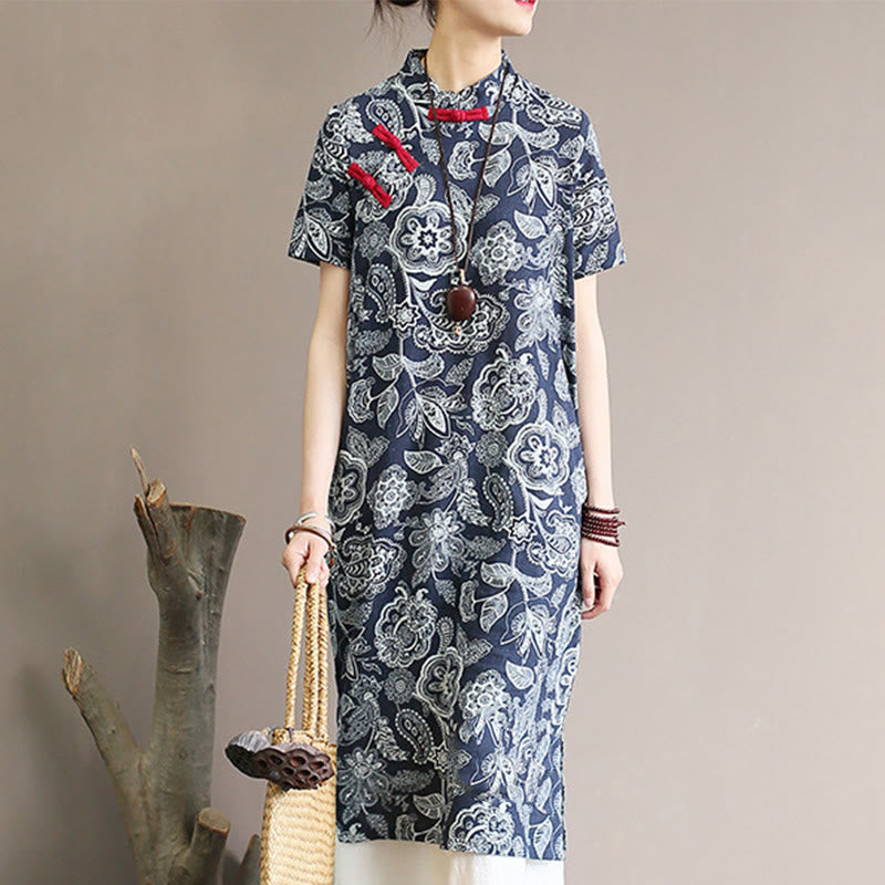 Buddha Stones Blau- Weiß Blume Froschknopf Cheongsam Kleider Kurzarm Leinenkleider mit Taschen