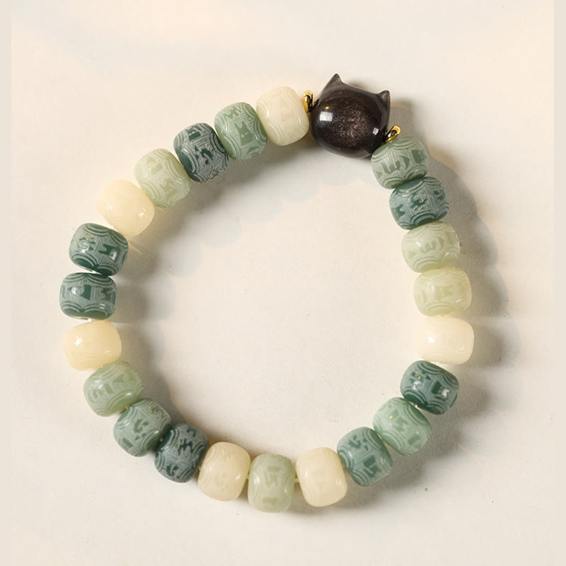 Buddha Stones Bodhi Seed Silber glänzendes Obsidian-Katzenkopf-Armband mit Om Mani Padme Hum-Gravur für Harmonie - image 10