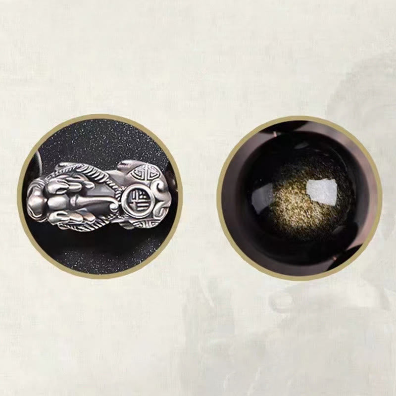 Buddha Stones 925 Sterling Silber Natürlicher Goldglanz Obsidian PiXiu Reichtumsschutzarmband - image 8