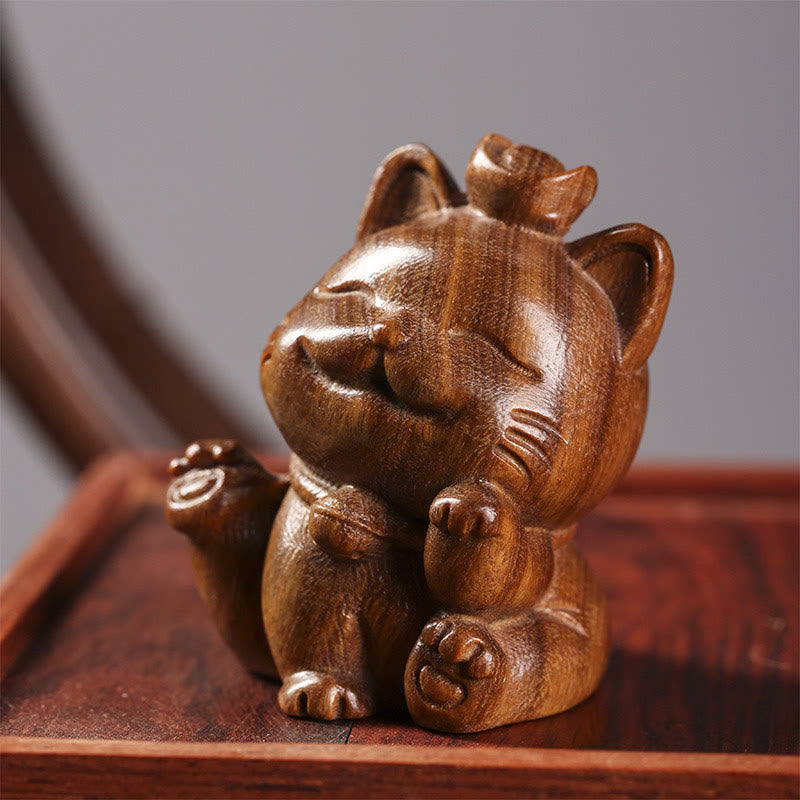 Buddha Stones Mini grüner Sandelholzbarren, glückliche Katze, geschnitzte Friedens-Schreibtischdekoration - 5 cm - image 1