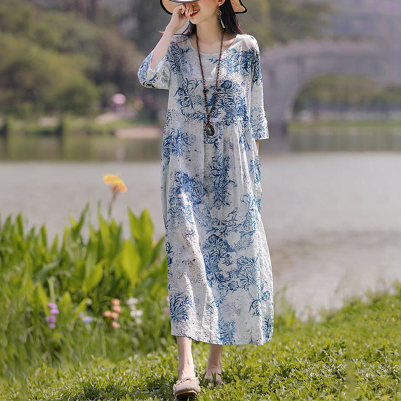 Midikleid mit Buddha-Steinen und Blumen-Print, Tunikakleid aus Baumwolle und Leinen mit Taschen