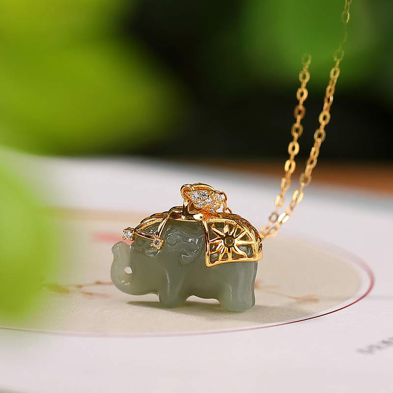 Buddha Stones 925 Sterling Silber Jade Elefant Segen Glück Halskette Kettenanhänger - image 1