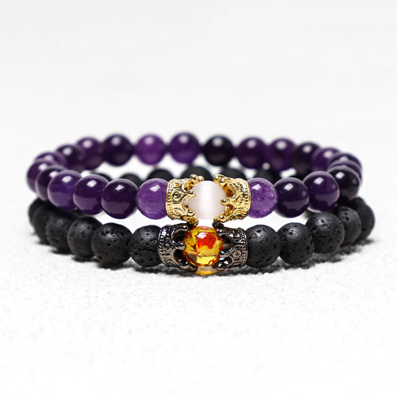 Buddha Stones Naturstein King&amp;Queen Crown Healing Energy Beads Paar Armband