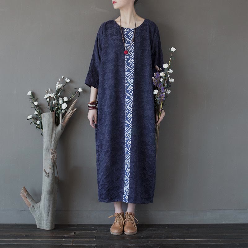 Buddha Stones – Jacquard-Midikleid mit Blumenstickerei, Blau, Dreiviertelärmeln, Baumwollkleid mit Taschen