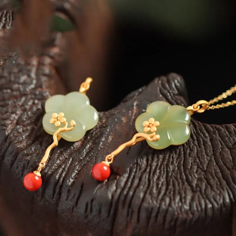 Vintage Pflaumenblüten Blume Jade Roter Achat Wohlstand Halskette Anhänger - image 1