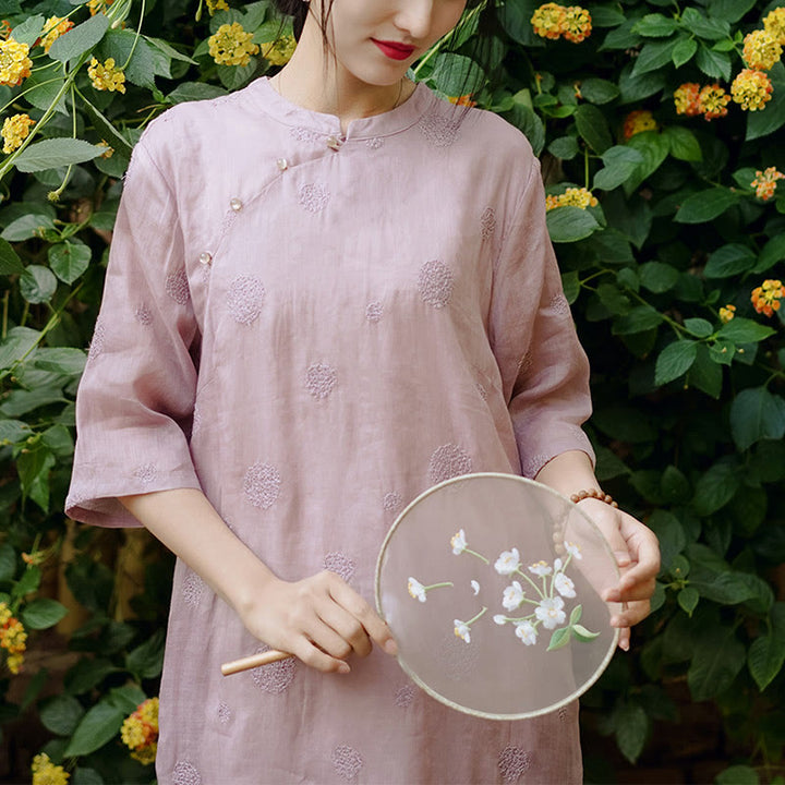 Buddha-Steine, Löwenzahn-Blumenstickerei, Halbarm, Ramie-Leinen, chinesisches Cheongsam-Midikleid mit Taschen