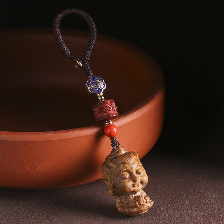 Chinesischer Tierkreiszeichen-Buddha-Schlüsselanhänger aus grünem Sandelholz Om Mani Padme Hum Frieden - image 2