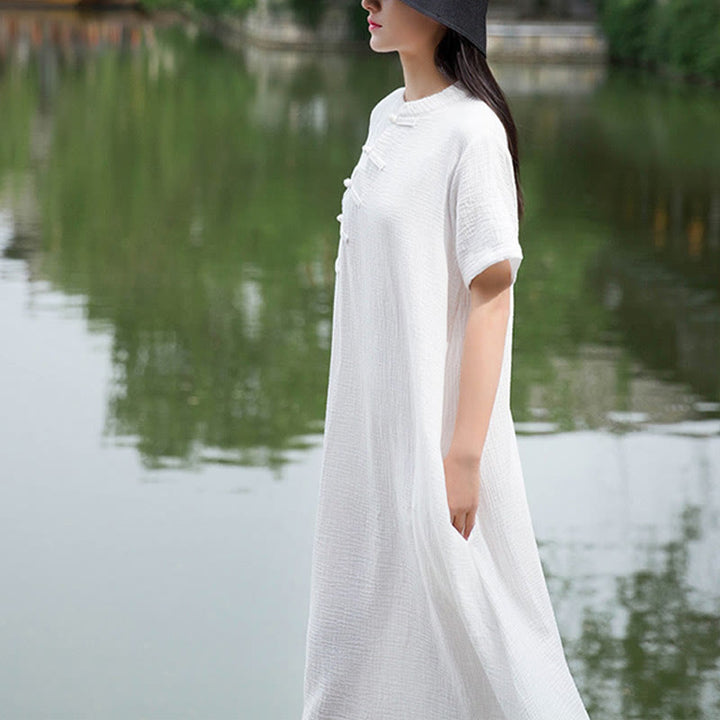 Buddha Stones – Midikleid mit Froschknöpfen, kurzärmliges Kleid aus Baumwollleinen mit Taschen