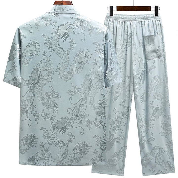 Buddha-Steine, Drachenmuster, Tang-Anzug, Hanfu, traditionelle Uniform, kurzärmeliges Oberteil und Hose, Kleidung für Herren