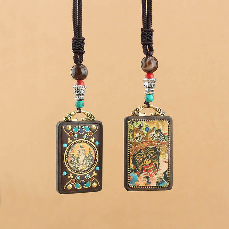Buddha Stones Tibet Gott des Reichtums Thangka Ebenholz Frieden Halskette Anhänger - image 1