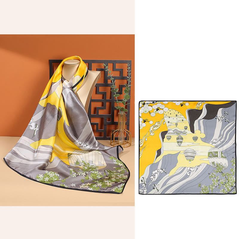 Halstuch mit Buddha Stonesn, pastorale Szene, Heißluftballon, Frühlingsblüten, 100 % Maulbeerseide - image 10