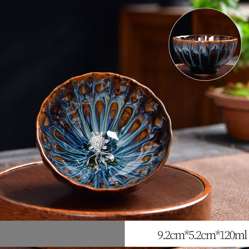Teetasse aus Keramik mit Buddha Stones , Lotus, Pfau, Drache, Phönix, Koi-Fisch, eingelegte Teetassen, 120 ml - Silber - Koifisch - image 22