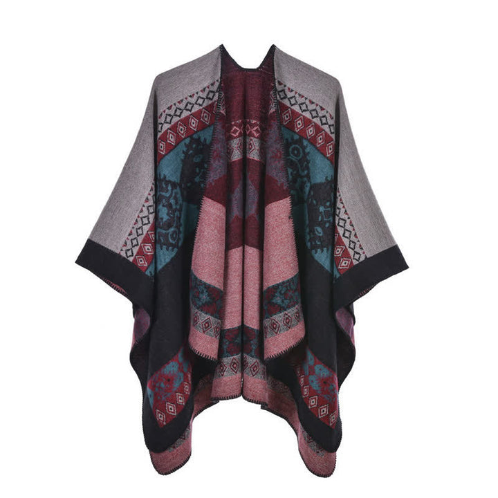 Tibetischer Schal mit Buddha Stonesn, Rautenmuster, warmer Wintermantel - Rosa Schwarz - image 18