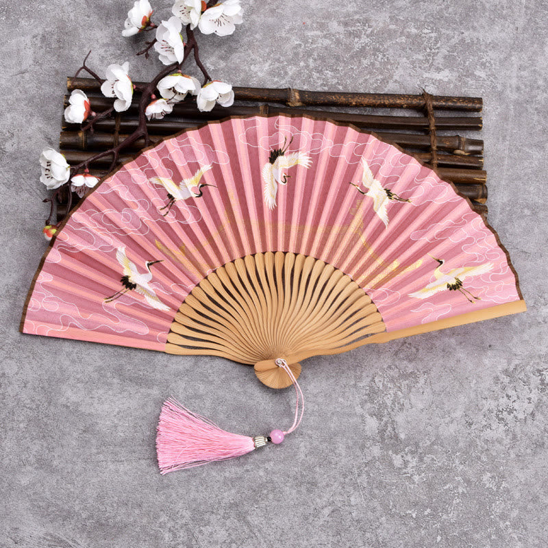 Handgefertigter Faltfächer aus Bambus im Vintage-Stil mit Wolken-Kranich-Muster von Buddha Stones - Rosa - image 5