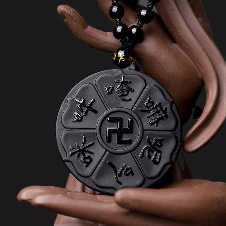 Buddha Stones Halskette, natürlicher schwarzer Obsidian, tibetisches Om Mani Padme Hum Buddha Hakenkreuz, Glück