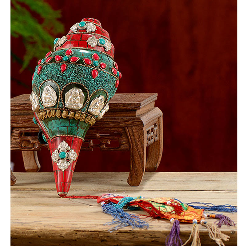 Tibetische handgemachte Shankha Om Mani Padme Hum Buddha Avalokitesvara Türkis Muschel Muschel positive Dekoration - image 12