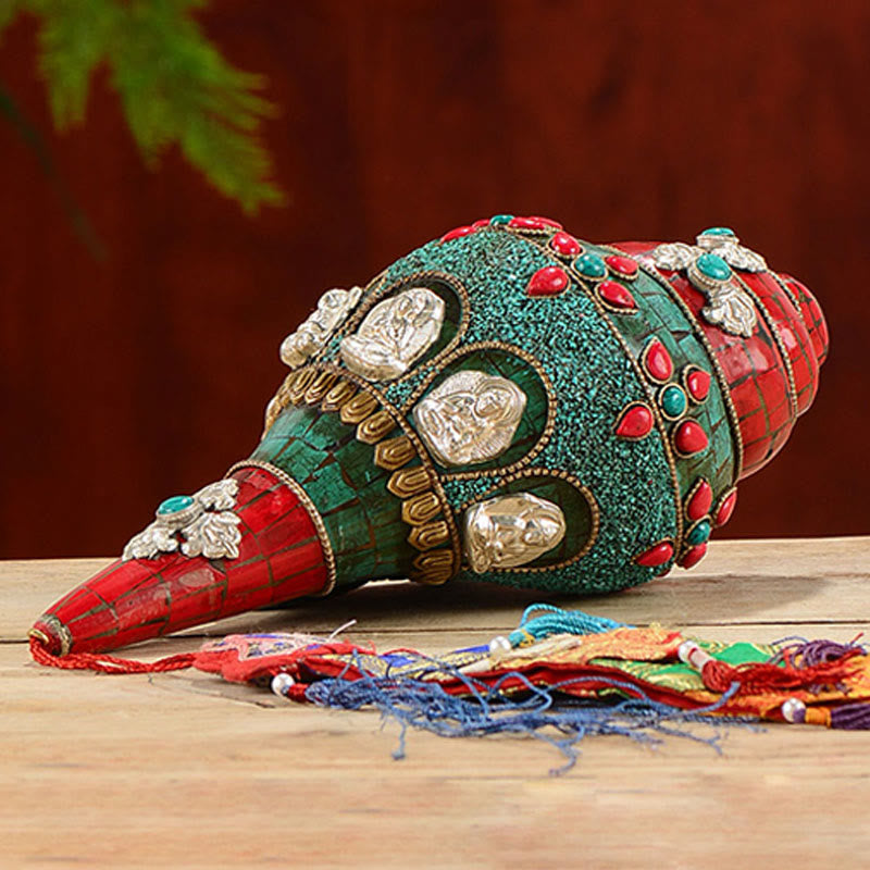 Tibetische handgemachte Shankha Om Mani Padme Hum Buddha Avalokitesvara Türkis Muschel Muschel positive Dekoration - image 2