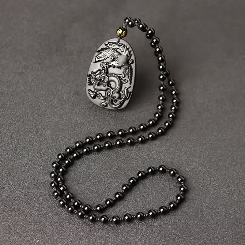 Schwarzer Obsidian Tigerauge Drache Phönix Schutz Perlen Halskette Anhänger - Obsidian-Perlenkette - image 10