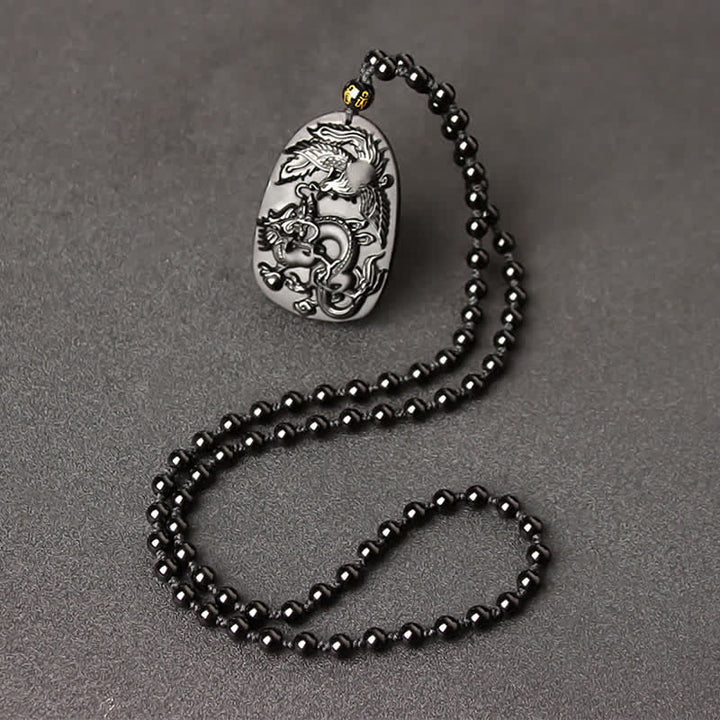 Schwarzer Obsidian Tigerauge Drache Phönix Schutz Perlen Halskette Anhänger - Obsidian-Perlenkette - image 10